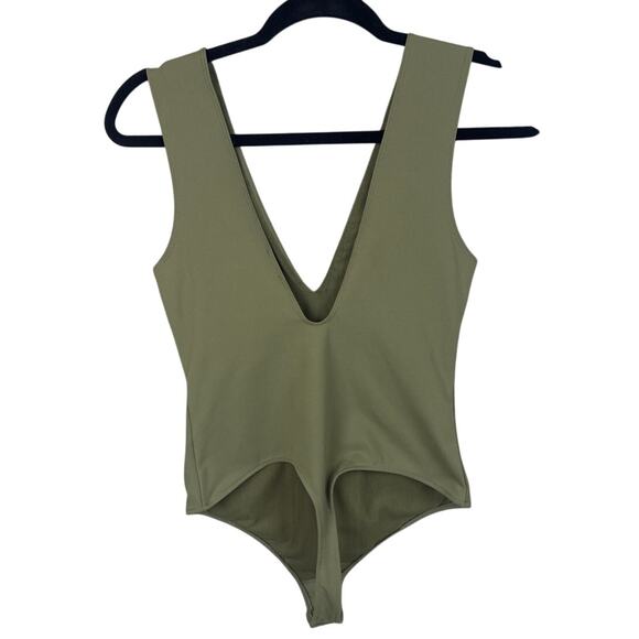 Free People Bodysuit Keep It Sleek Olive Green Thong Deep V Boho Versatile SZ S - Picture 3 of 9